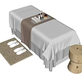Single Bed with White Sheets Brown Blanket Tray White Slippers Woven Mat and Wooden Stool