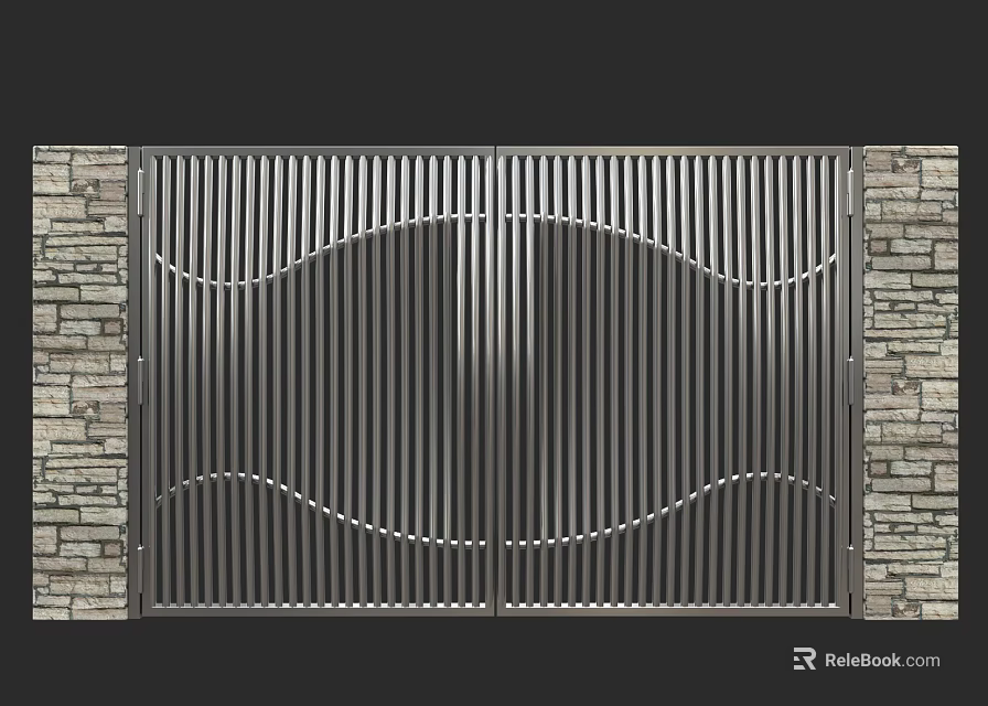 Contemporary Double Metal Gate With Wave Design And Stone Sides 3d model 