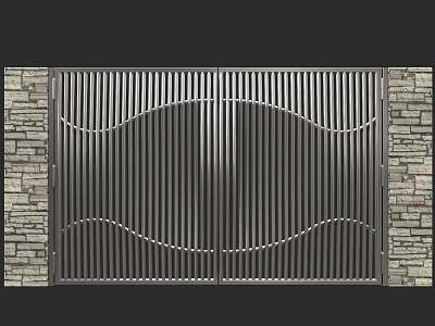 Contemporary Double Metal Gate With Wave Design And Stone Sides 3d model