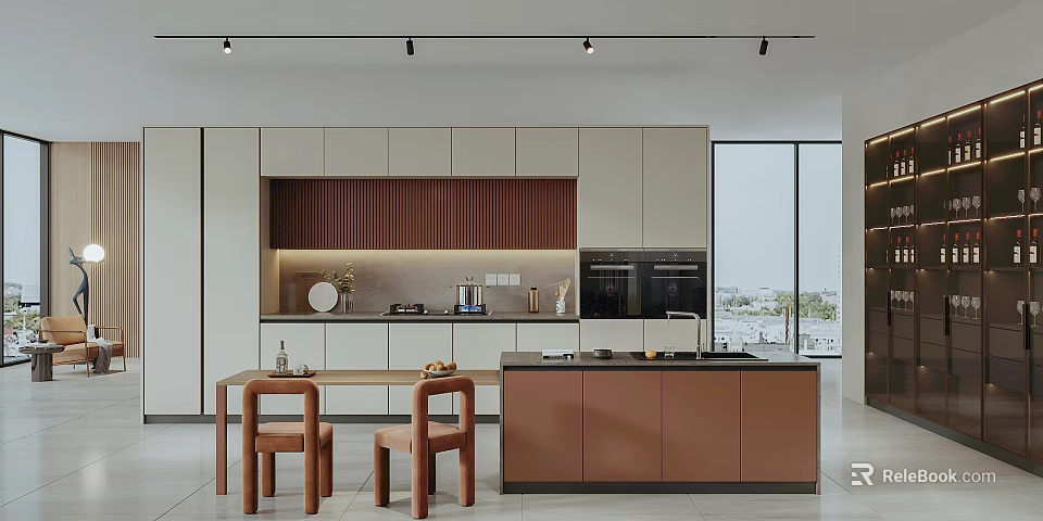 Modern Restaurant Kitchen Interior With Light And Brown Cabinetry Island Dining Table Chairs And Lighting 3d model 