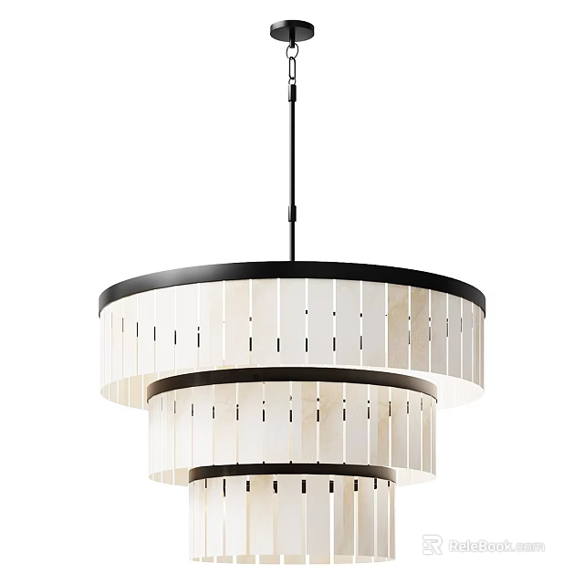 Modern Multi Layer Circular Chandelier with Striped White Panels and Black Frame 3d model