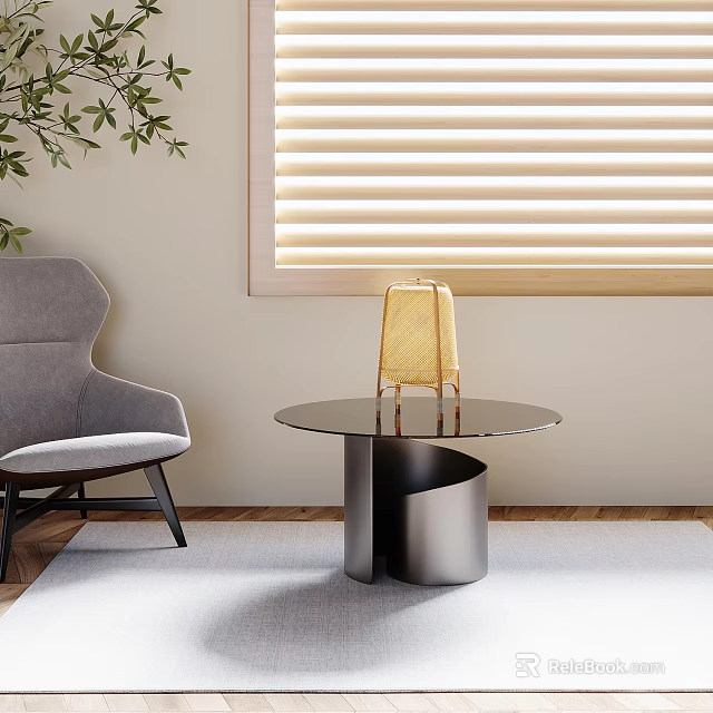 Modern Glass Top Side Table With Spiral Metal Base And Grey Chair 3d model 