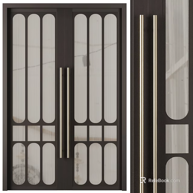 Modern Double Doors with Black Framed Glass Panels Vertical Strips Geometric Patterns and Metal Handles 3d model 
