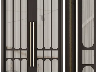 Modern Double Doors with Black Framed Glass Panels Vertical Strips Geometric Patterns and Metal Handles 3d model