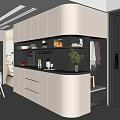 Modern White Sideboard with Black Countertop Open Shelves Dinnerware Glassware and Green Plant in Kitchen