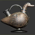 Ancient Duck Shaped Ceramic Vessel With Brown Black Patterns Curved Handle And Round Base 3d model