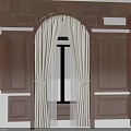 White Curtains Hanging In Modern Interior With Wooden Cabinetry And Arch Frame