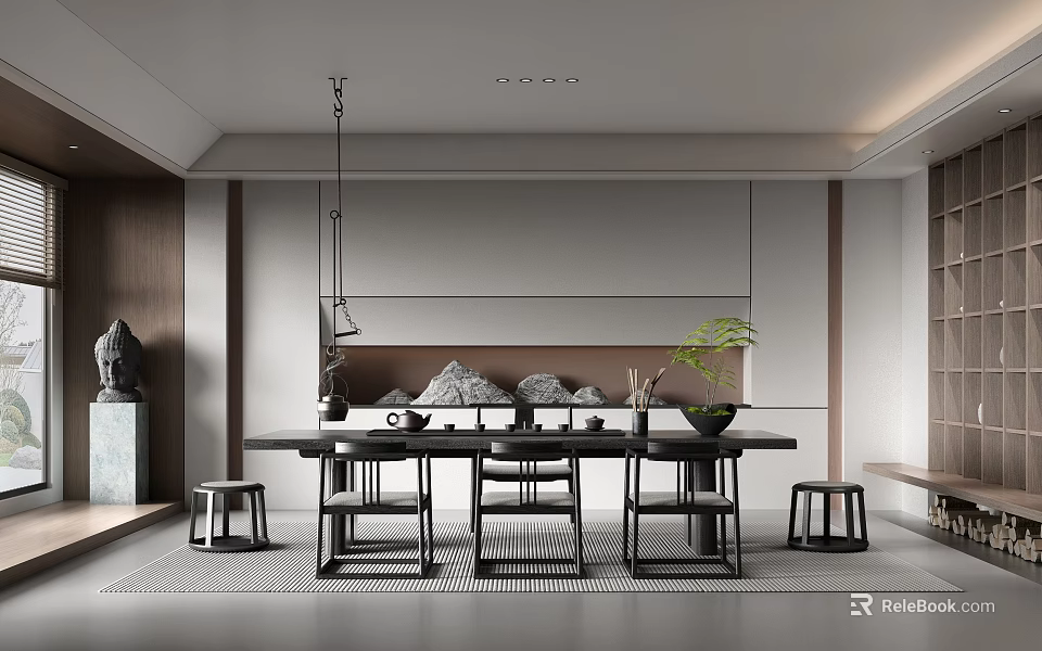 Modern Open Tea Room Interior With Wooden Tea Table Chairs Tea Sets And Green Plants 3d model 
