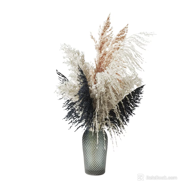 Textured Gray Vase with Dried Pampas Grass White Beige and Dark Purple Flowers 3d model 