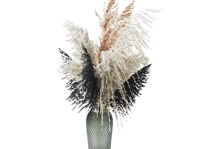 Textured Gray Vase with Dried Pampas Grass White Beige and Dark Purple Flowers 3d model