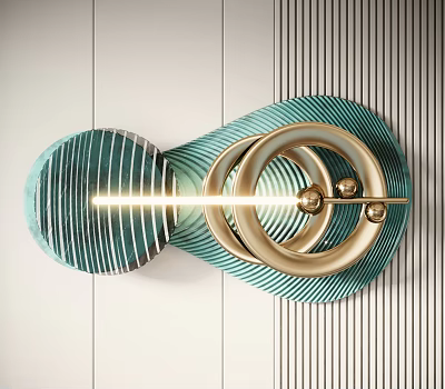 Modern Luxury Wall Decor With Green Striped Patterns And Gold Circular Rings 3d model