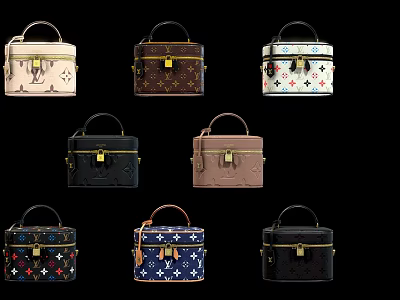 Fashionable Luggage Collection Featuring Various Patterns Colors and Metal Clasps 3d model