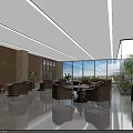Spacious Modern Lounge Area With Beige Seating Round White Tables Large Windows And Green Plants