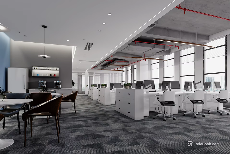 Modern Public Office Space With Open Layout White Workstations Multiple Computers And Large Windows 3d model 