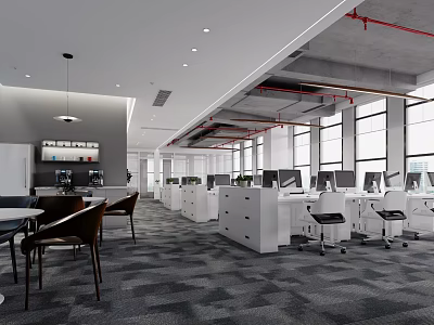 Modern Public Office Space With Open Layout White Workstations Multiple Computers And Large Windows 3d model