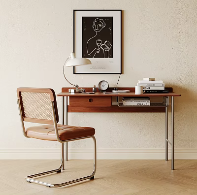 Modern Minimalist Wooden Desk With Wicker Leather Chair Table Lamp Alarm Clock And Wall Artwork 3d model
