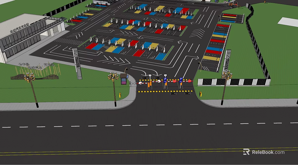 Road Facilities With Colored Parking Lot Traffic Signs Street Lamps And Barriers 3d model 