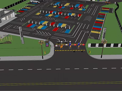 Road Facilities With Colored Parking Lot Traffic Signs Street Lamps And Barriers 3d model