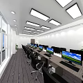 Open Public Office Space Interior Design With Multiple Workstations Desks Chairs And Plants 3d model