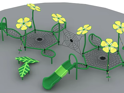 Garden Landscape Children's Play Area With Green Structures Yellow Flowers Slide And Net Climbing 3d model