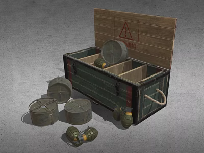Military Weapons In Open Wooden Crate With Compartments Round Ammunition Hand Grenades And Scattered Containers 3d model