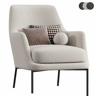 Light Beige Upholstered Accent Chair with Brown Checkered Round Decorative Pillows and Black Metal Legs 3d model
