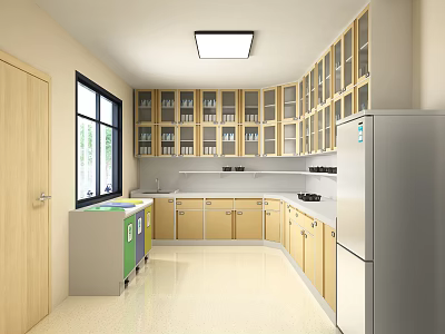 Modern Laboratory Interior With Wooden Cabinets Stainless Steel Refrigerator Sink Window And Workbench 3d model