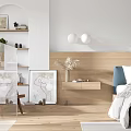 Modern Bedroom Interior With Wooden Headboard Blue Rug Nightstands And Decorative Lights