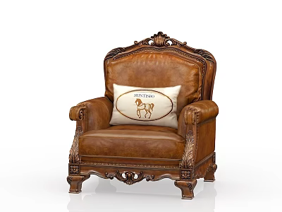 Ornate Brown Leather Single Sofa With Carved Wooden Frame And Decorative Pillow 3d model