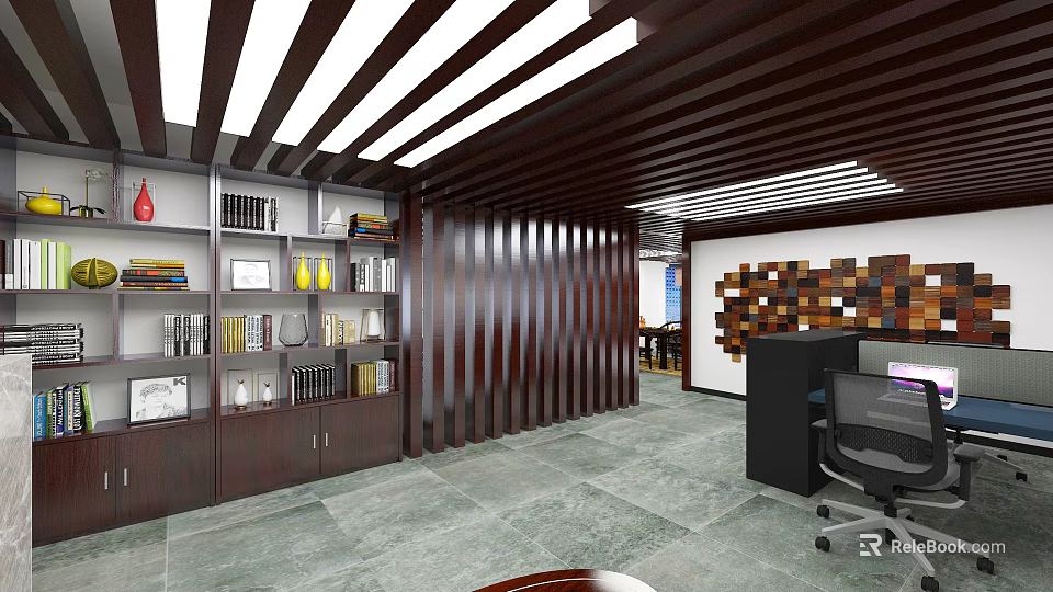 Contemporary Office Interior Featuring Dark Wooden Bookshelves Ceiling Panels Gray Marble Floor And Decorative Elements 3d model 