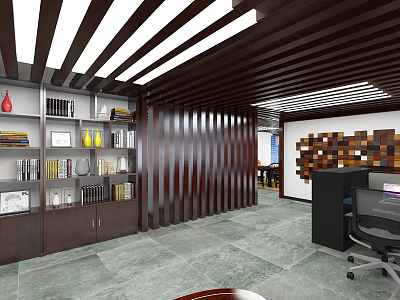 Contemporary Office Interior Featuring Dark Wooden Bookshelves Ceiling Panels Gray Marble Floor And Decorative Elements 3d model