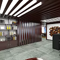 Contemporary Office Interior Featuring Dark Wooden Bookshelves Ceiling Panels Gray Marble Floor And Decorative Elements