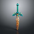 Ornate Fantasy Sword With Teal Spiral Hilt Wing Shaped Guard And Golden Flame Like Crystal Blade