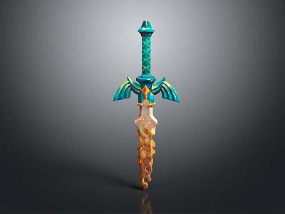 Ornate Fantasy Sword With Teal Spiral Hilt Wing Shaped Guard And Golden Flame Like Crystal Blade 3d model
