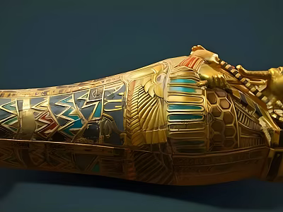 Historic Ancient Egyptian Golden Sarcophagus With Colorful Inlays And Ornate Hawk Snake Motifs 3d model