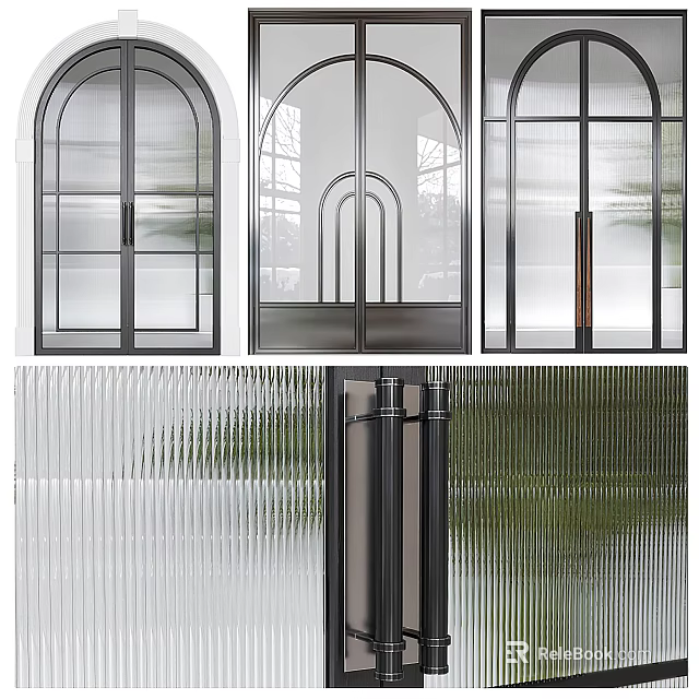 Modern Double Doors Design With Glass Panels Metal Frames And Ribbed Glass For Interior 3d model 