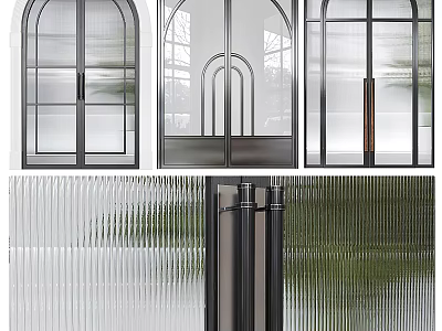 Modern Double Doors Design With Glass Panels Metal Frames And Ribbed Glass For Interior 3d model