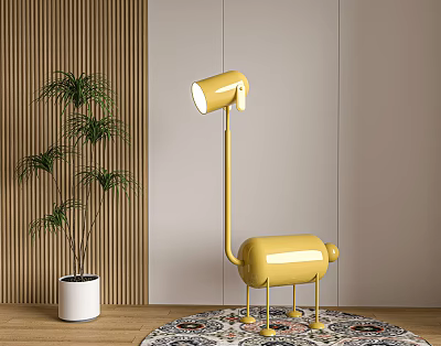 Yellow Unique Design Floor Lamp In Living Room With Green Plant And Wooden Wall 3d model Yellow Unique Design Floor Lamp In Living Room With Green Plant And Wooden Wall 3d model