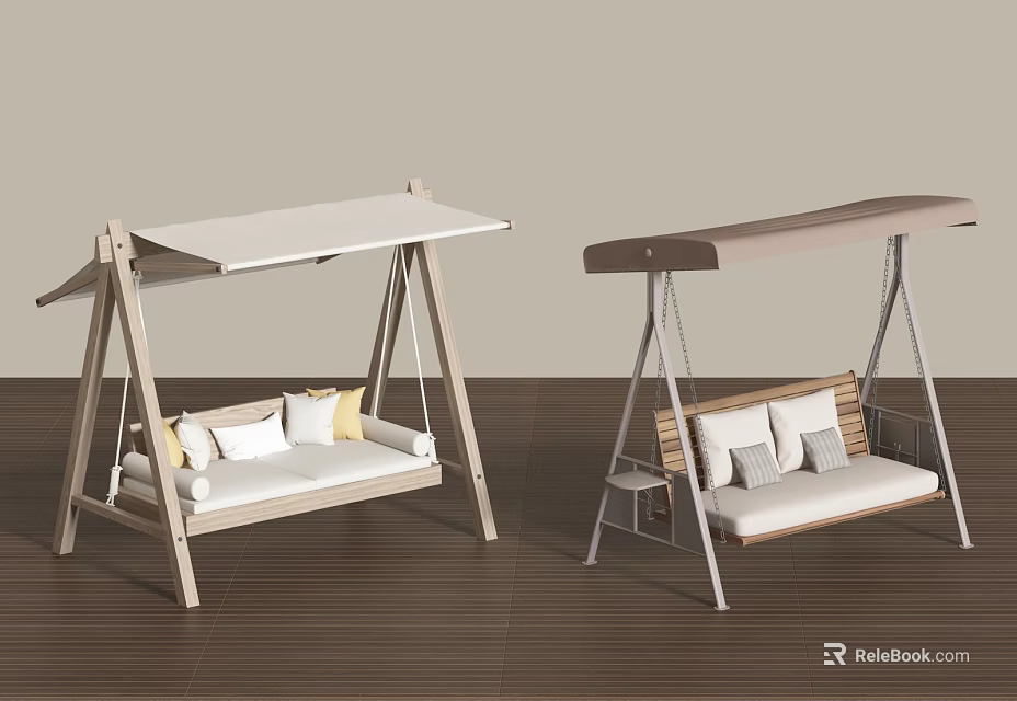Outdoor Wooden Swing Chairs With White And Beige Canopies And Cushioned Seats 3d model 