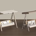 Outdoor Wooden Swing Chairs With White And Beige Canopies And Cushioned Seats
