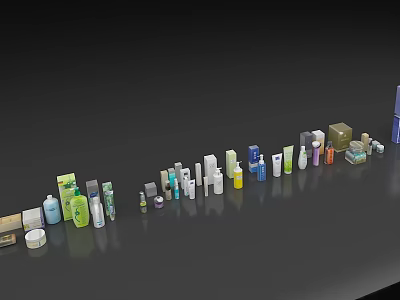 Perfume Cosmetics Bottles in Various Colors and Shapes Arranged on Black Background 3d model