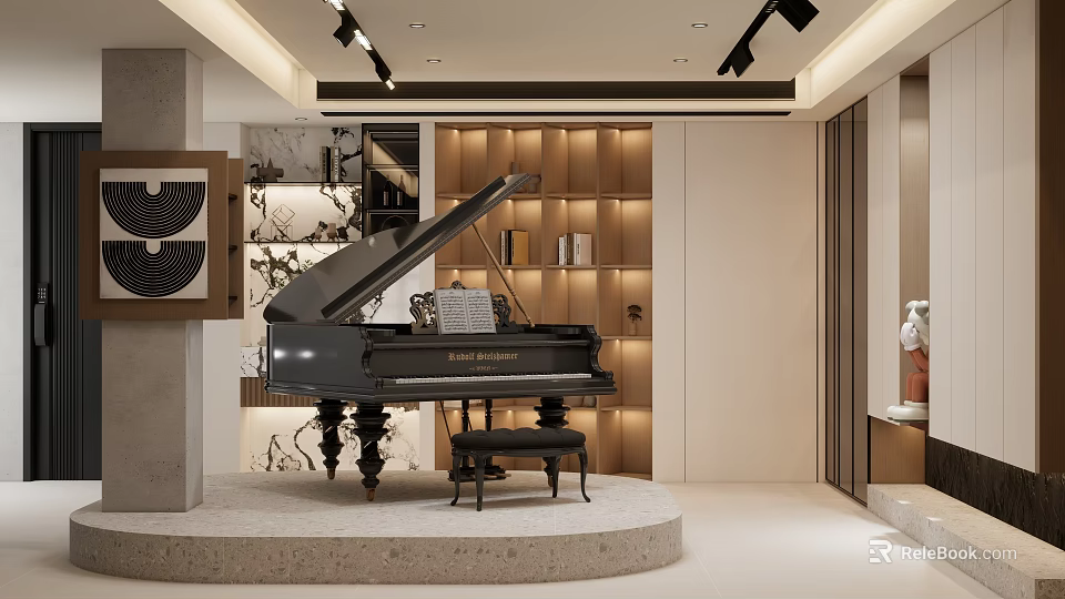 Modern Study Room Interior Featuring Black Piano Sheet Music Piano Stool Wooden Bookshelves And Spotlights 3d model 