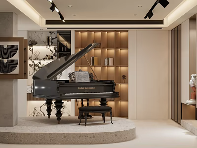 Modern Study Room Interior Featuring Black Piano Sheet Music Piano Stool Wooden Bookshelves And Spotlights 3d model
