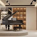Modern Study Room Interior Featuring Black Piano Sheet Music Piano Stool Wooden Bookshelves And Spotlights