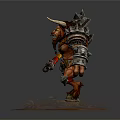Horned Orc Warrior Holding Spiked Warhammer Armored Standing on Rock Base With Grass
