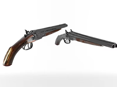 Two Vintage Flintlock Firearms With Wooden Stock And Metal Barrels 3d model