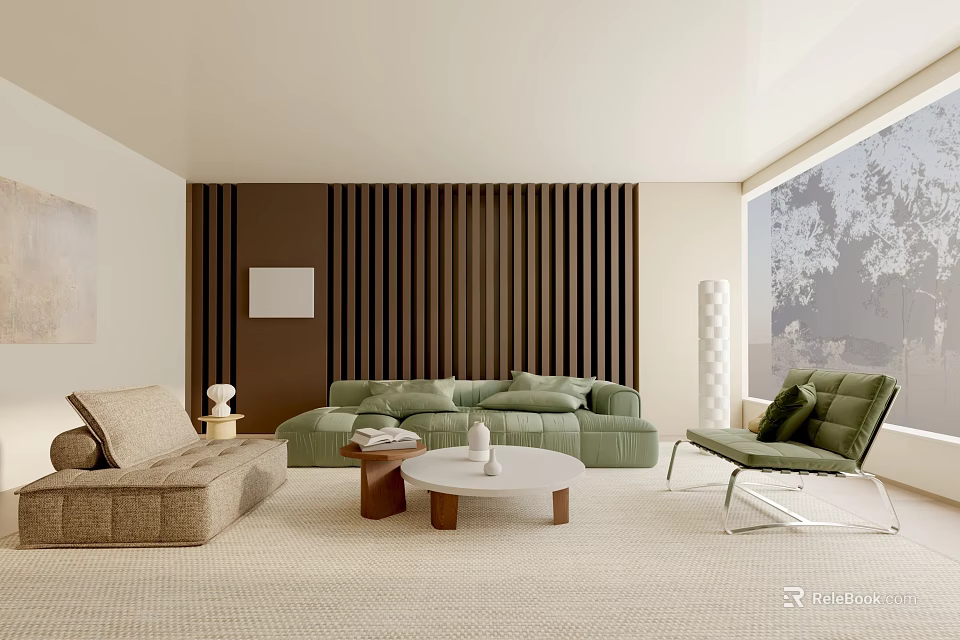 Modern Living Room Interior With Green Sofa Beige Armchair And Wooden Slat Wall 3d model 
