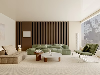 Modern Living Room Interior With Green Sofa Beige Armchair And Wooden Slat Wall 3d model