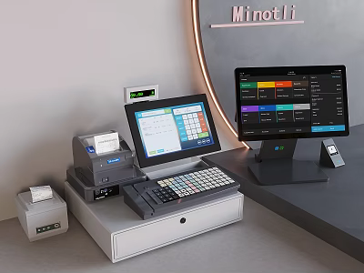 Minetli POS System Setup With Cash Register Displays And Receipt Printer 3d model