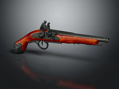 Antique Pistol With Carved Wooden Grip And Metal Barrel On Gray Background 3d model